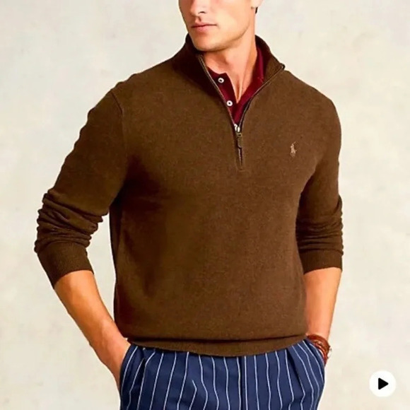Polo Ralph Lauren Men's  1/4 Zip Pullover Cotton Sweater Brown Large - Picture 1 of 9